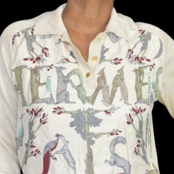 Vintage Hermes Alphabet Polo Top Beige Print Silk Scarf Knit Annie Faivre Small - Picture 5 of 16